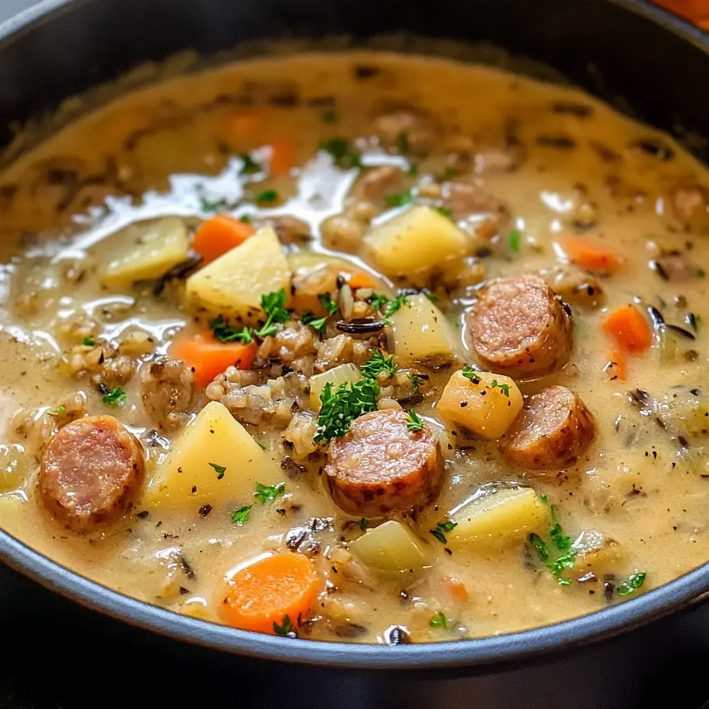 A hearty soup featuring sausage slices, potatoes, carrots, and herbs in a creamy broth.