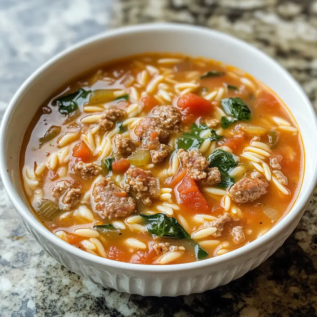 A bowl of soup filled with orzo pasta, ground meat, tomatoes, spinach, and diced vegetables.