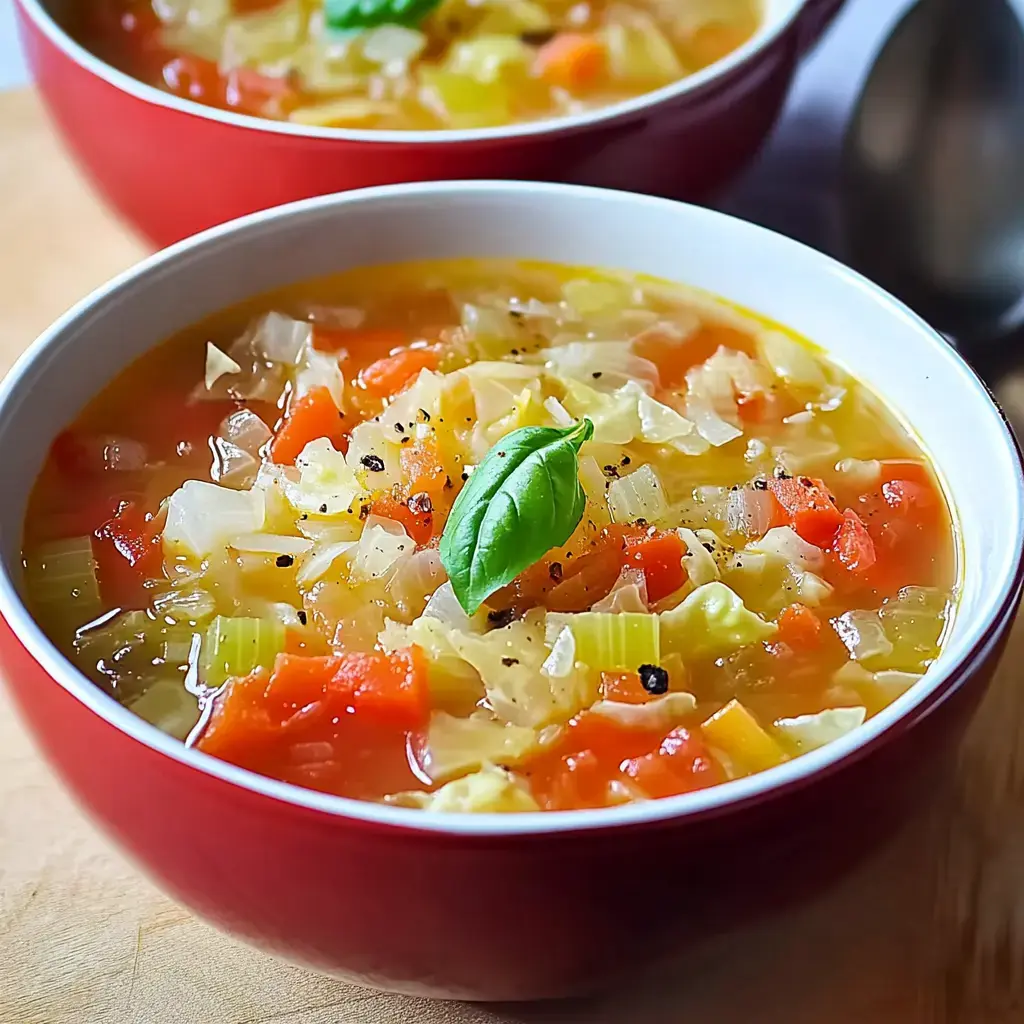 A close-up of a bowl of colorful vegetable soup garnished with a basil leaf.