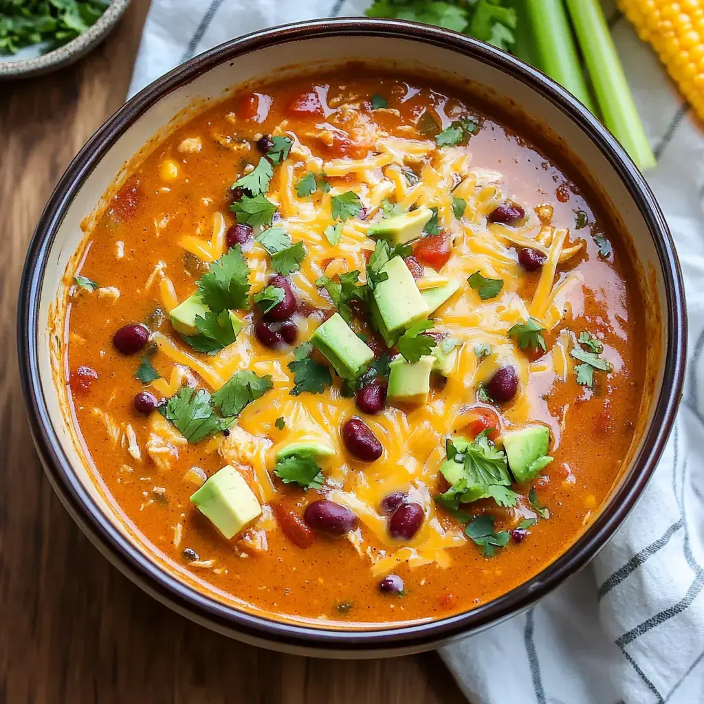 A bowl of chili topped with shredded cheese, avocado, black beans, and fresh cilantro, with corn and celery in the background.