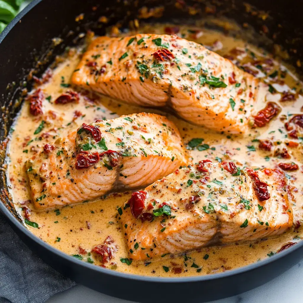 Three pieces of salmon are cooking in a creamy sauce with sun-dried tomatoes and herbs in a black skillet.