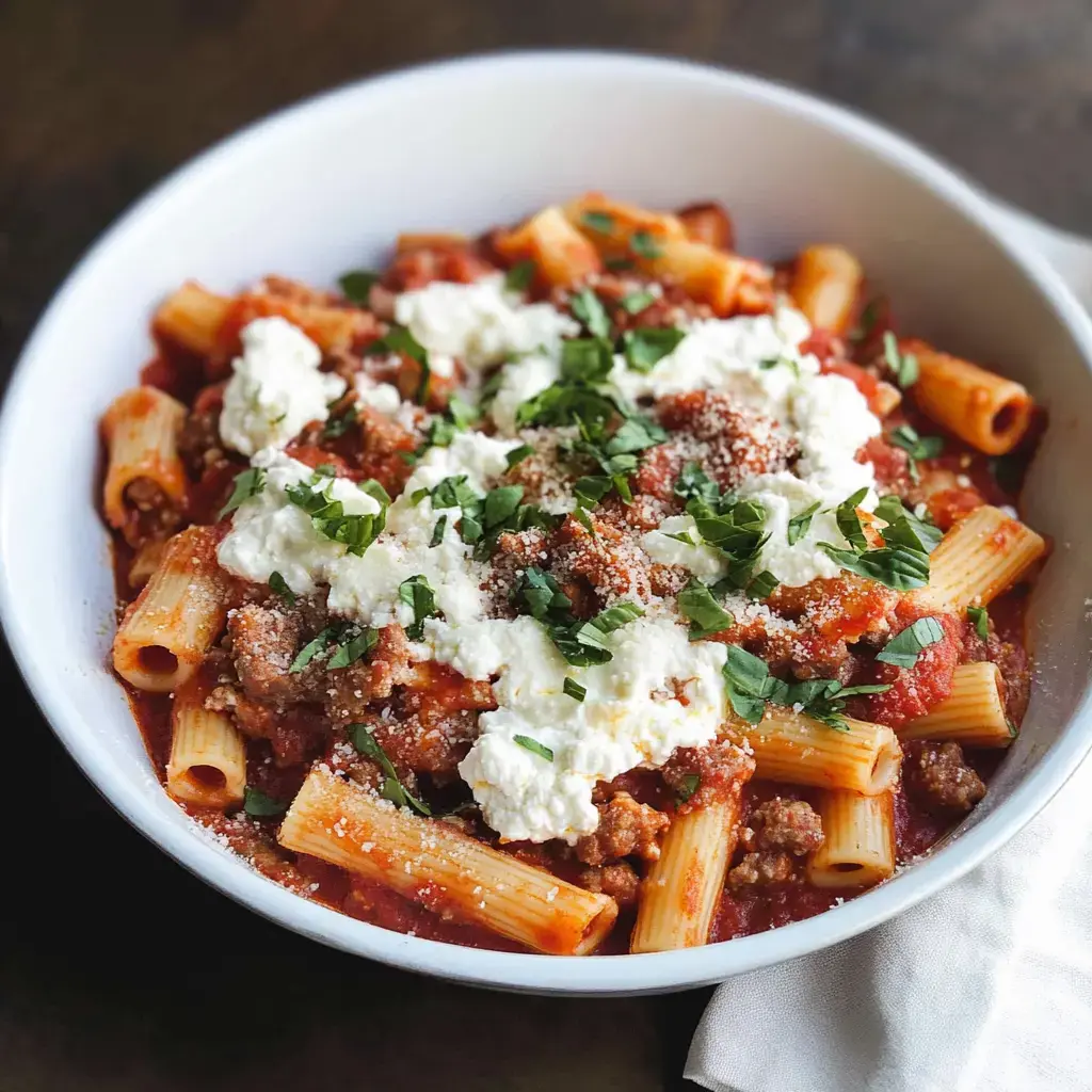 A bowl of pasta featuring rigatoni topped with meat sauce, ricotta cheese, and fresh herbs.