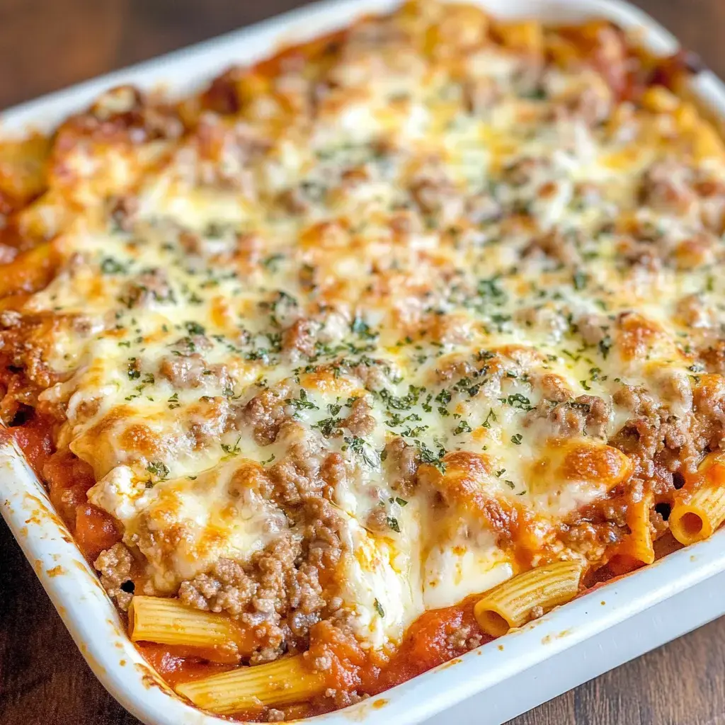 A cheesy pasta bake topped with ground meat and herbs in a white dish.