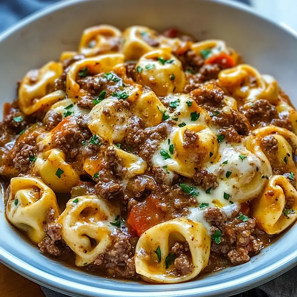 A bowl of pasta with ground beef, melted cheese, and chopped parsley, featuring tortellini and a savory sauce.