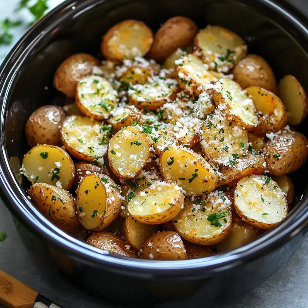 A black bowl filled with halved, roasted baby potatoes topped with herbs and grated cheese.