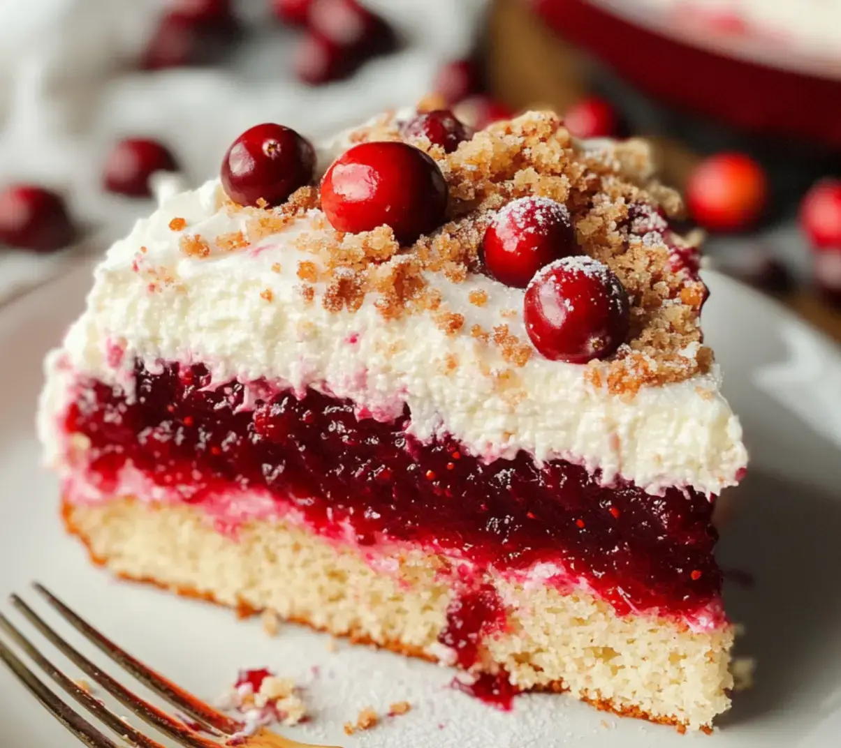 A slice of cake layered with cranberry filling, whipped cream, and topped with red cranberries and crumbs.