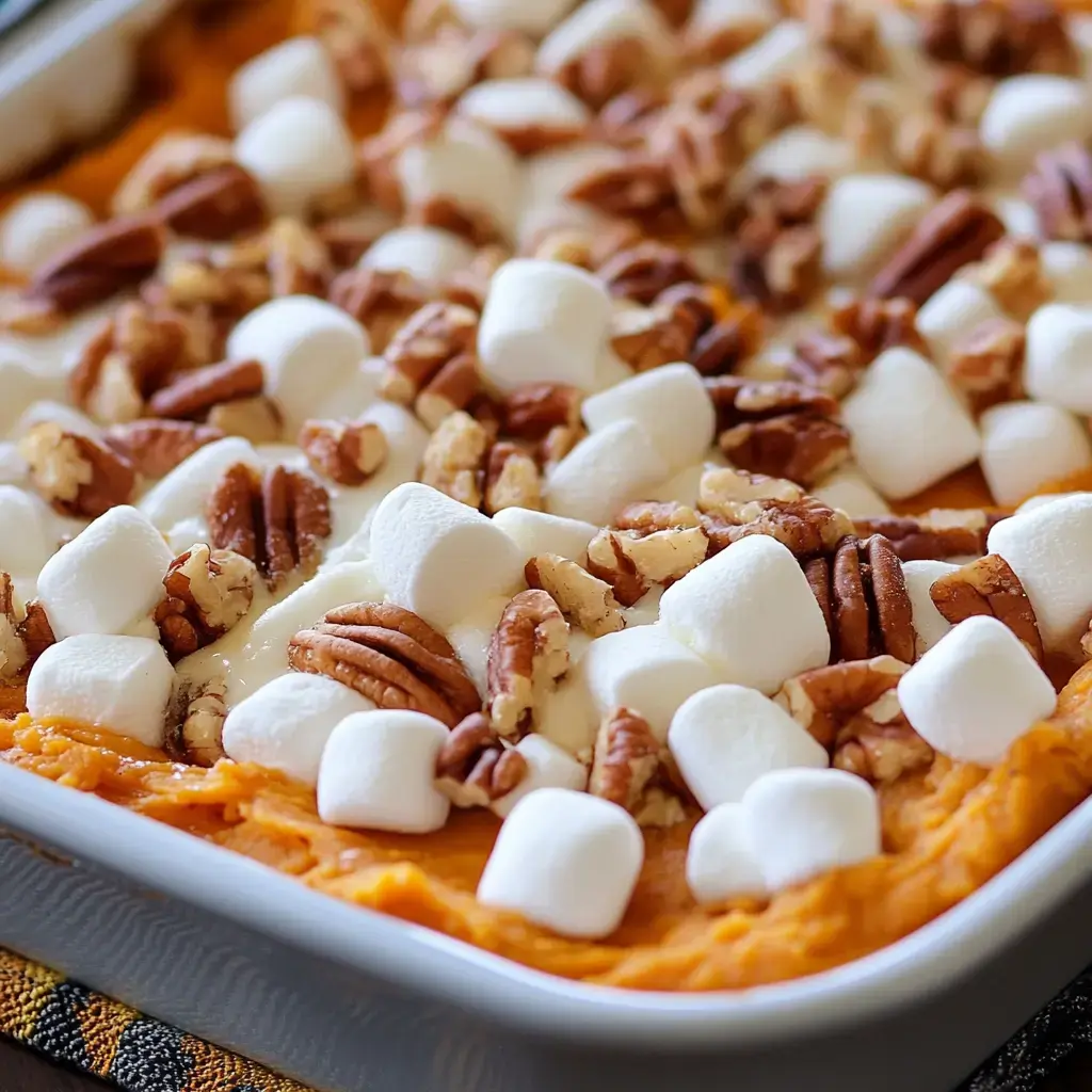 A close-up of a dish featuring sweet potatoes topped with fluffy marshmallows and chopped pecans.