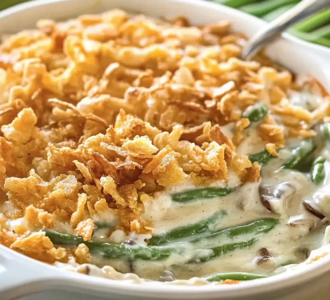 A creamy green bean casserole topped with crispy fried onions in a white dish.