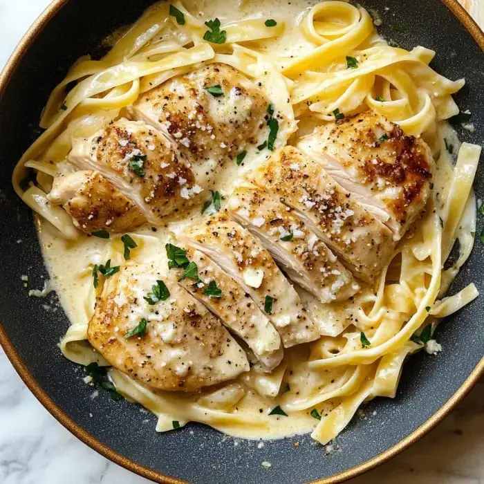 A serving of sliced chicken breast on fettuccine pasta in a creamy sauce, garnished with parsley and sprinkled with cheese.