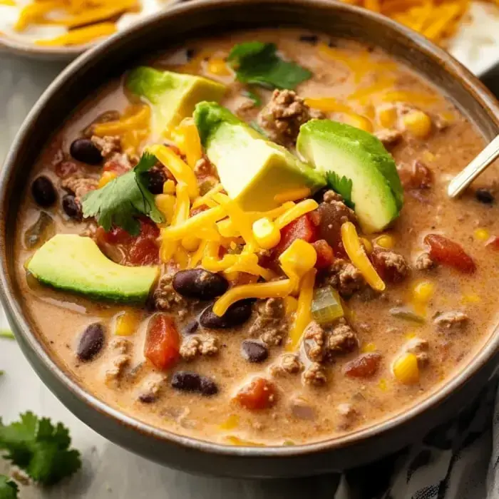 A bowl of creamy soup featuring ground beef, black beans, corn, diced tomatoes, and topped with avocado, shredded cheese, and cilantro.