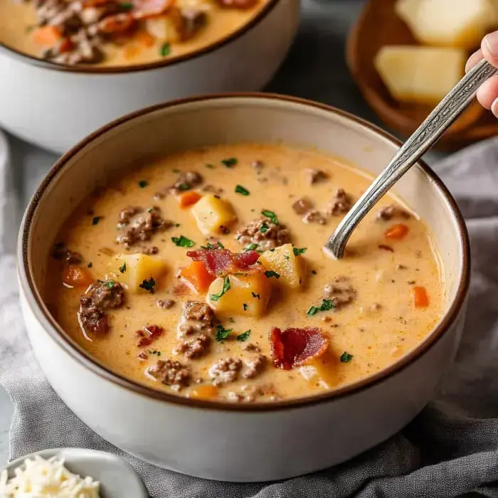 A close-up view of a creamy soup with ground beef, diced potatoes, and bacon, garnished with parsley, served in a bowl.