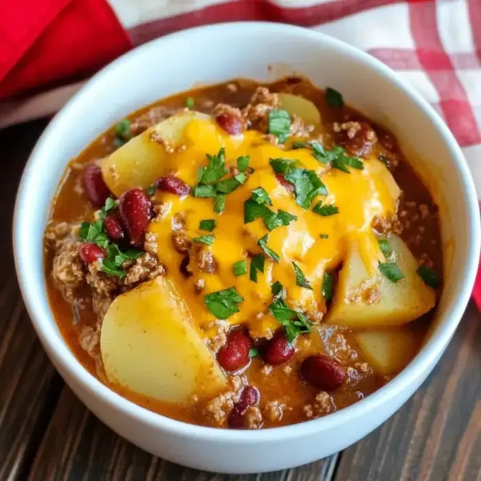 A bowl of chili topped with melted cheese, chopped parsley, and garnished with potatoes and kidney beans.