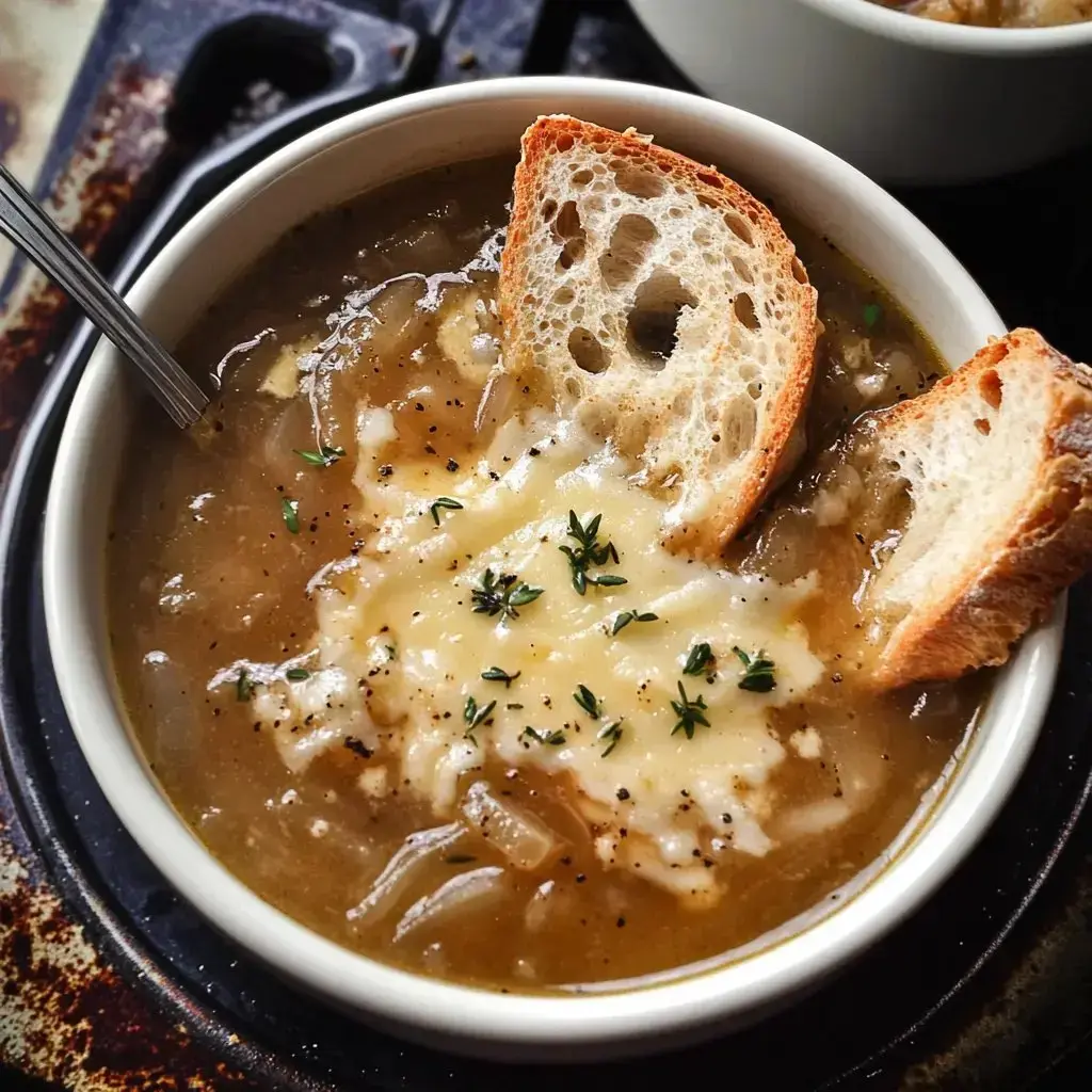 A bowl of soup topped with melted cheese and two pieces of toasted bread, garnished with herbs and served with a spoon.