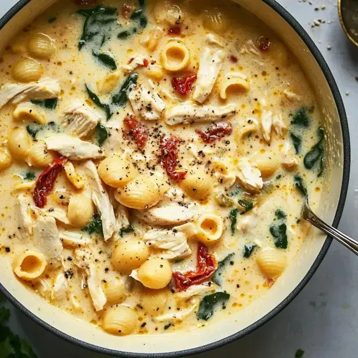 A creamy chicken and pasta soup with spinach and sun-dried tomatoes, garnished with black pepper.