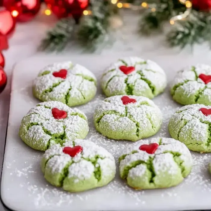 A tray of green cookies dusted with powdered sugar and decorated with red heart-shaped candies.