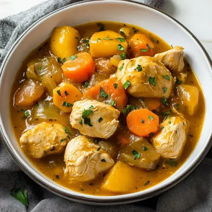 A bowl of hearty chicken stew with carrots, potatoes, and green herbs.