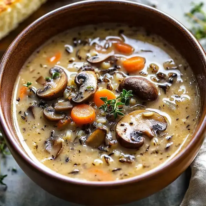 A bowl of creamy mushroom and vegetable soup garnished with fresh herbs and served with a slice of bread.