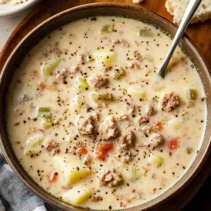 A bowl of creamy soup with ground meat, potatoes, and vegetables, garnished with black pepper.