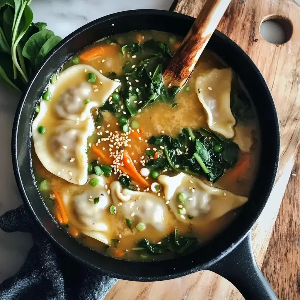 A black skillet filled with dumpling soup featuring dumplings, spinach, and carrots in a savory broth, garnished with sesame seeds and green onions.