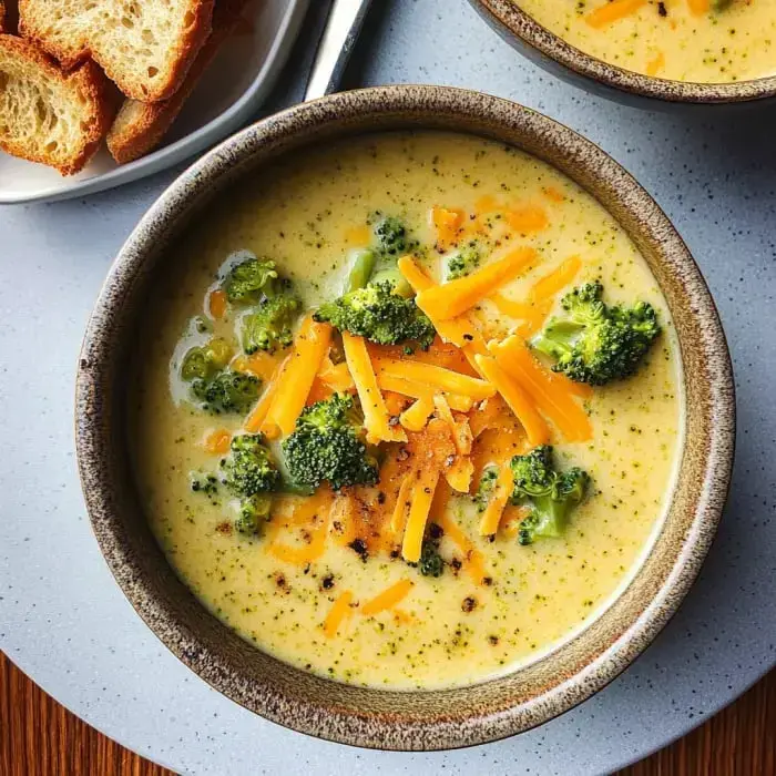 A bowl of creamy broccoli cheese soup topped with shredded cheddar cheese, served alongside slices of toasted bread.