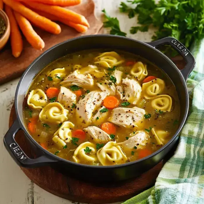 A pot of chicken soup with tortellini, carrots, and herbs sits on a wooden board, accompanied by fresh carrots and parsley.