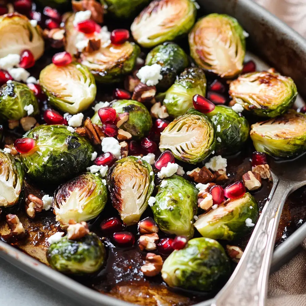 A close-up image of roasted Brussels sprouts topped with pomegranate seeds, crumbled feta cheese, and chopped pecans in a baking dish.