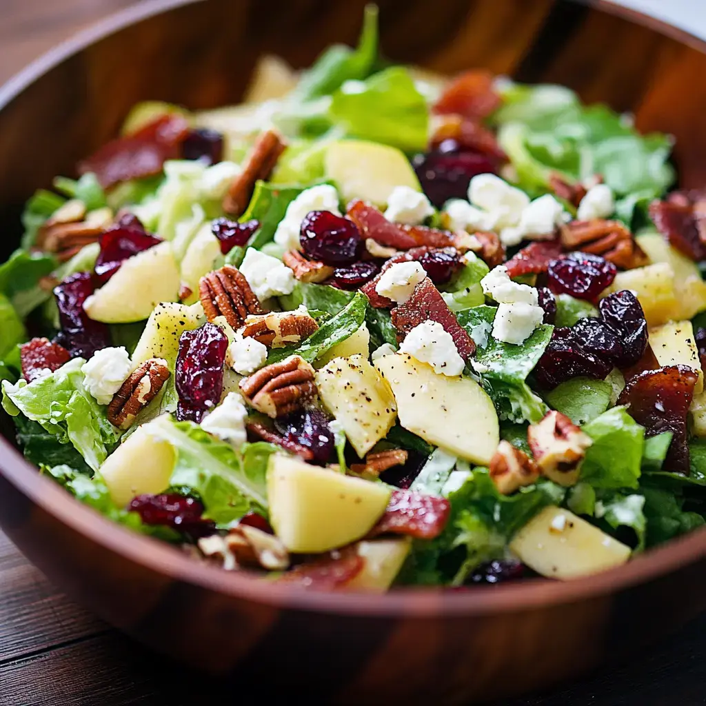 A fresh salad in a wooden bowl, featuring lettuce, chopped apples, dried cranberries, pecans, and small pieces of cheese.