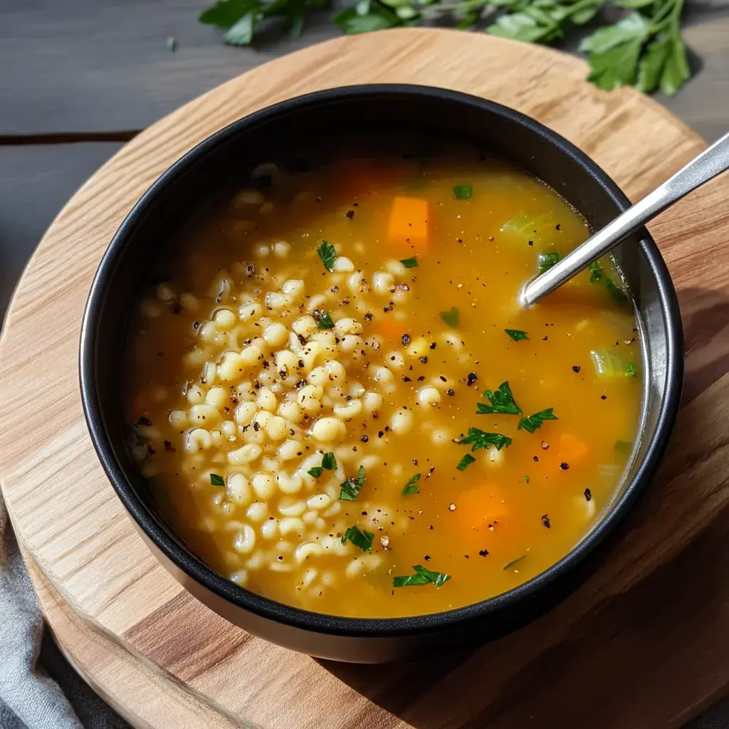 A close-up of a steaming bowl of soup with small pasta, diced vegetables, and fresh parsley, served on a wooden cutting board.