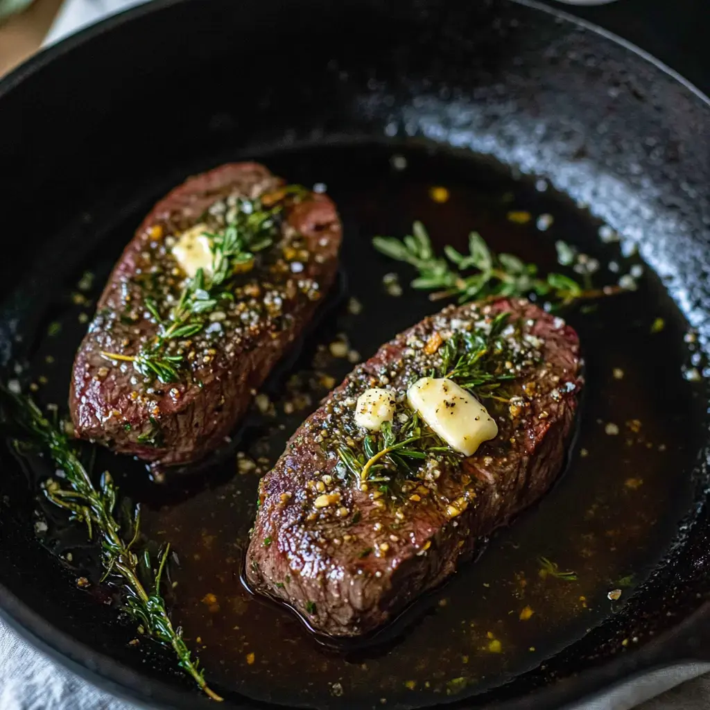 Two seasoned beef steaks topped with butter and herbs are sizzling in a black skillet.