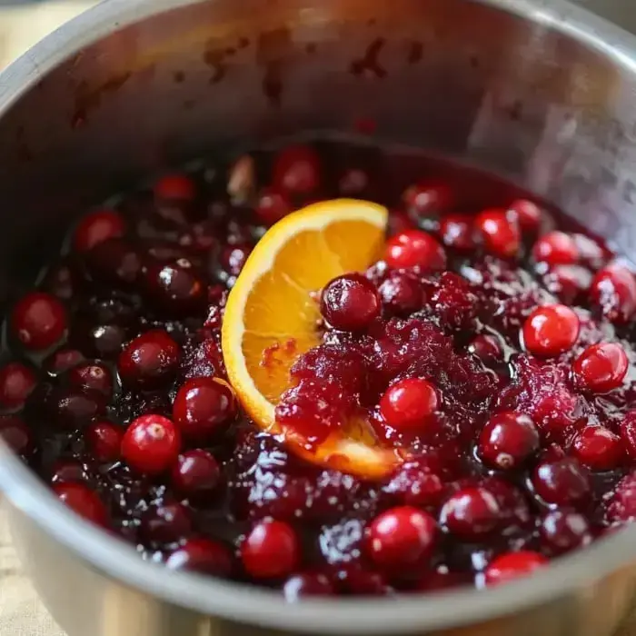 A pot filled with simmering cranberry sauce featuring whole cranberries and a slice of orange on top.