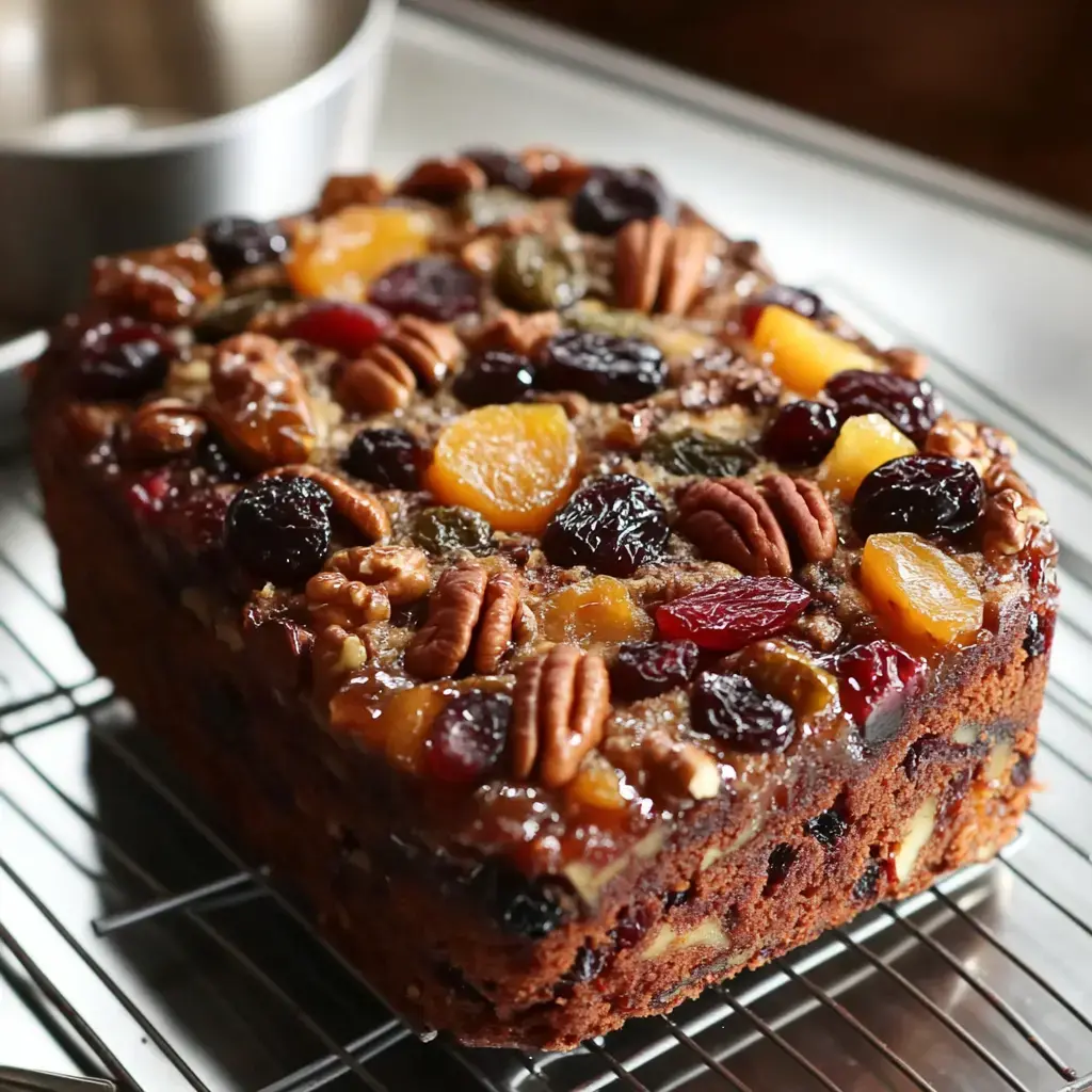 A fruitcake topped with mixed nuts and dried fruits, resting on a wire rack.