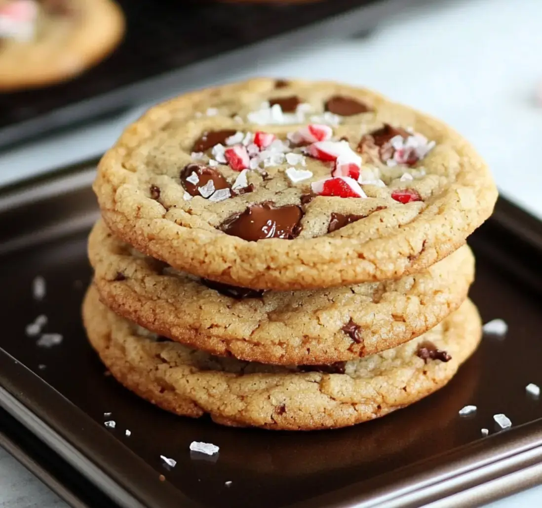 A stack of three chocolate chip cookies topped with crushed peppermint and sea salt on a dark plate.