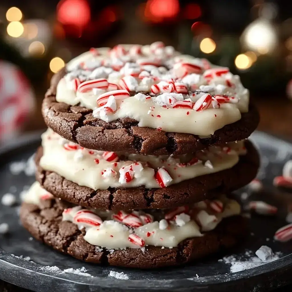 A stack of three chocolate cookies topped with creamy frosting and crushed peppermint candies, set against a festive background.