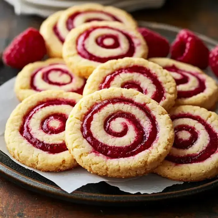 A plate of spiral raspberry cookies garnished with fresh raspberries.