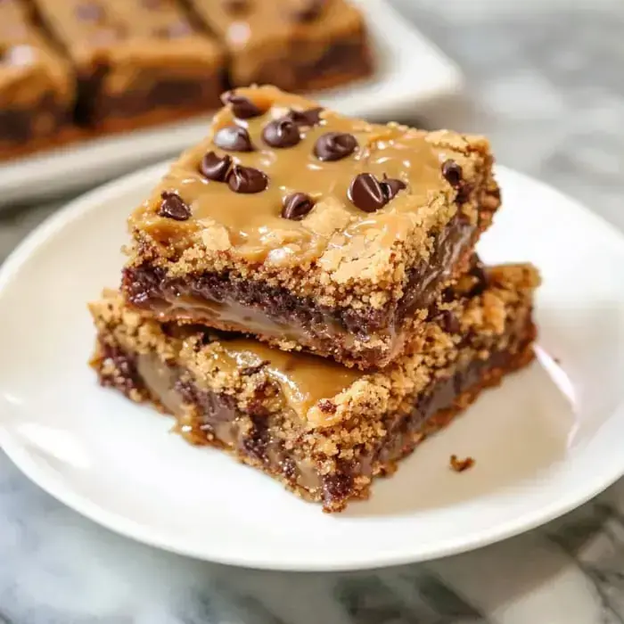 A stack of two gooey chocolate and caramel dessert bars topped with chocolate chips on a white plate.