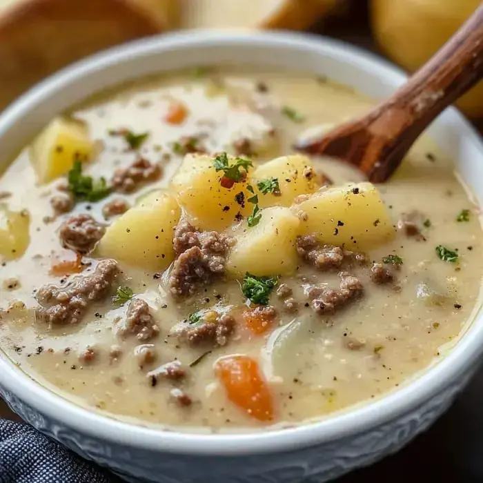 A bowl of hearty soup with ground beef, diced potatoes, and vegetables, garnished with parsley and accompanied by a wooden spoon.