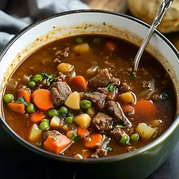 A bowl of hearty beef and vegetable stew featuring chunks of meat, carrots, potatoes, peas, and herbs.