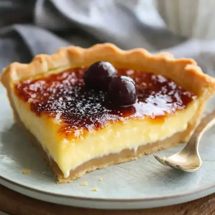 A slice of creamy dessert pie featuring a golden crust, topped with a glossy caramelized layer and two dark berries.