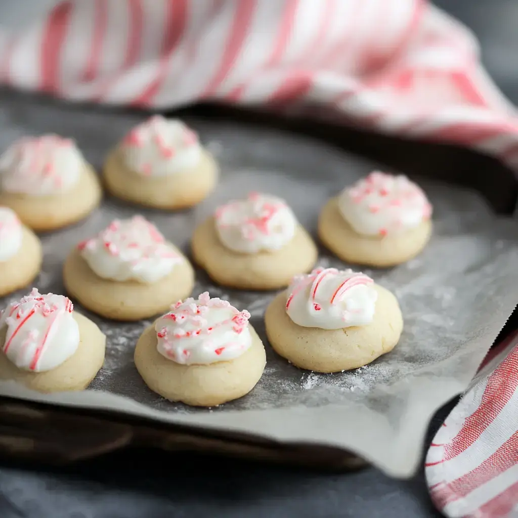 A tray of freshly baked cookies topped with white frosting and crushed peppermint, with a striped cloth in the background.