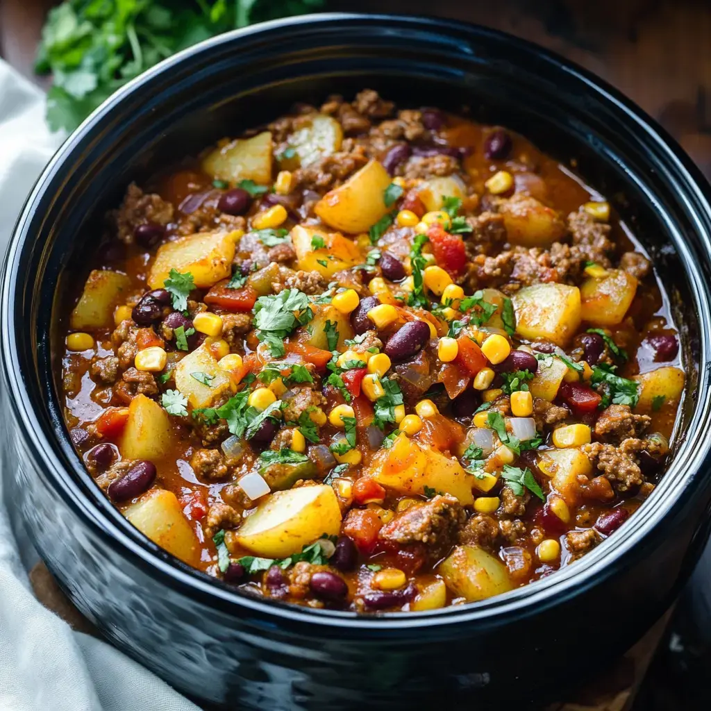 A close-up view of a hearty beef and vegetable stew with potatoes, corn, and beans, garnished with fresh cilantro, served in a black bowl.