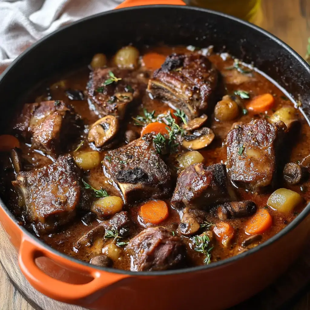 A close-up of a pot filled with braised beef ribs and vegetables simmering in a rich sauce.