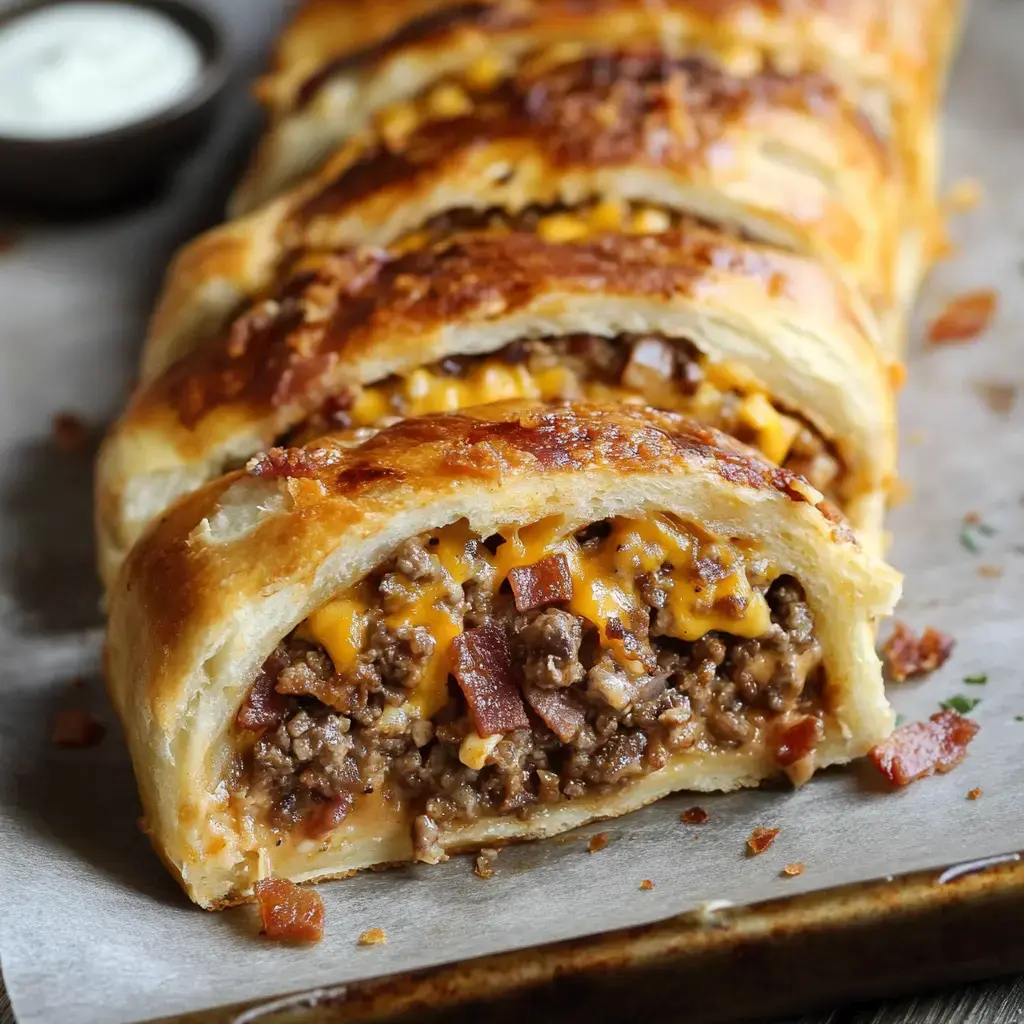 A close-up of a savory meat and cheese pastry, sliced to reveal a filling of ground beef, cheddar cheese, and bacon, served with a small bowl of dipping sauce.