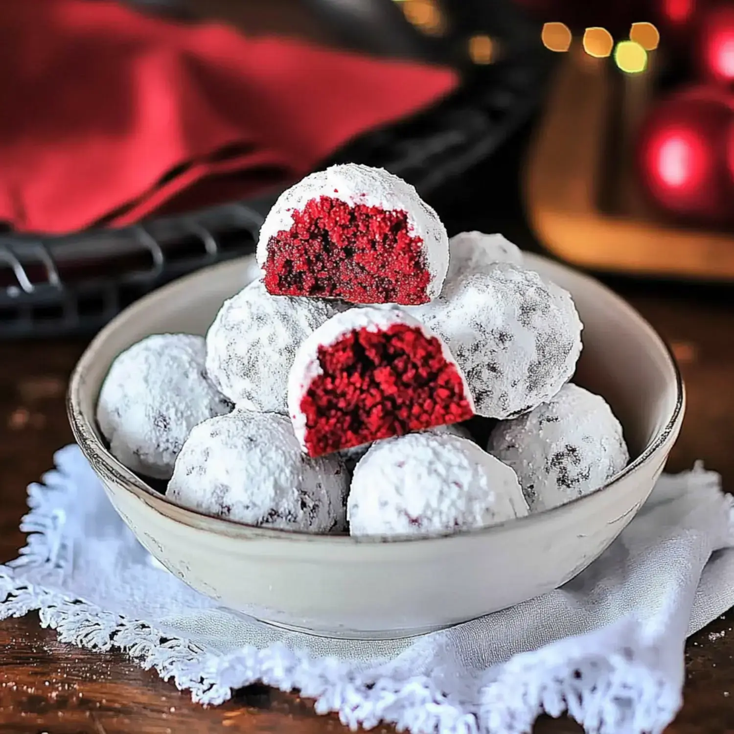 A bowl of powdered sugar-coated red velvet cookies, with one cookie sliced in half to reveal its bright red interior.