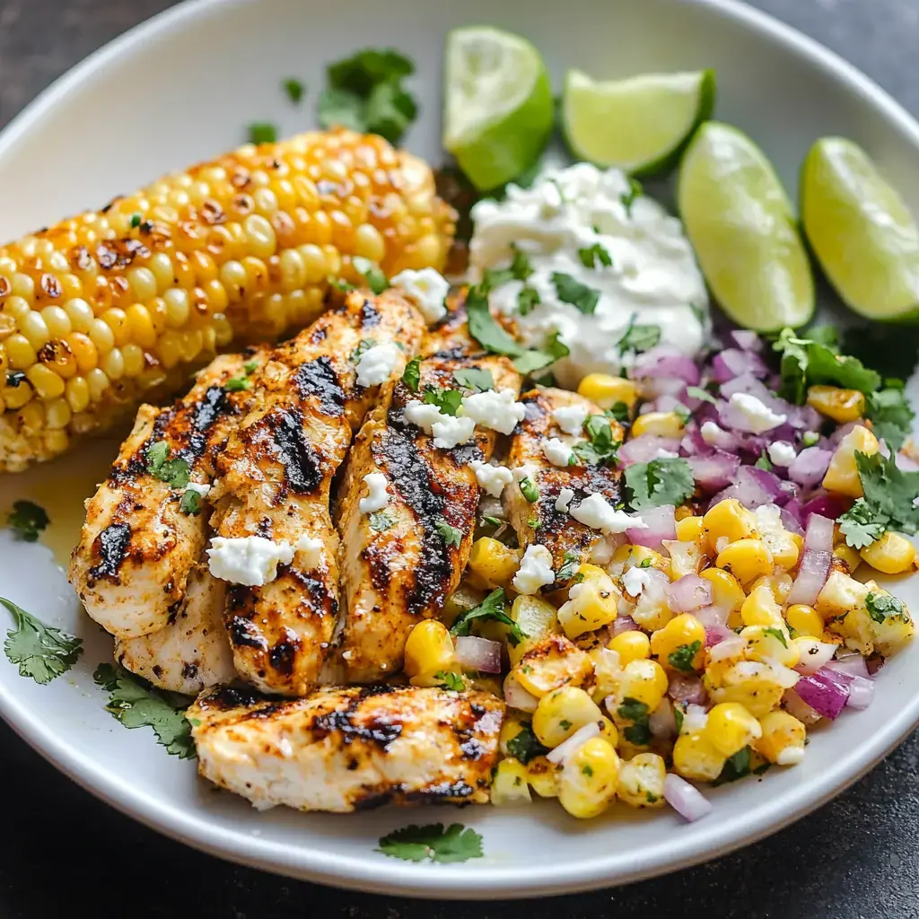 A plate of grilled chicken strips served with corn on the cob, lime wedges, a dollop of sour cream, and a corn salsa mixed with red onion and cilantro.