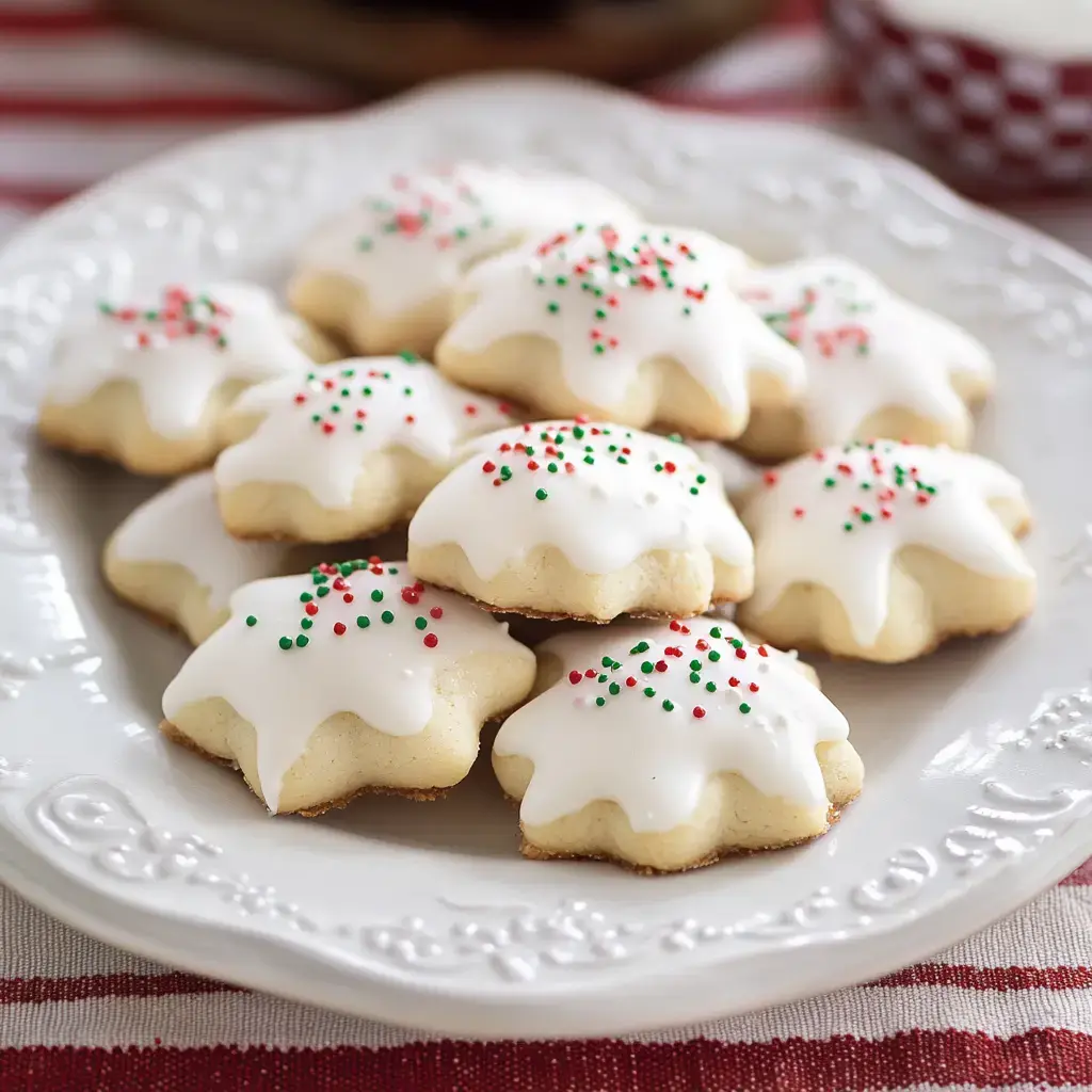 A decorative plate holds several star-shaped cookies topped with white icing and colorful sprinkles.