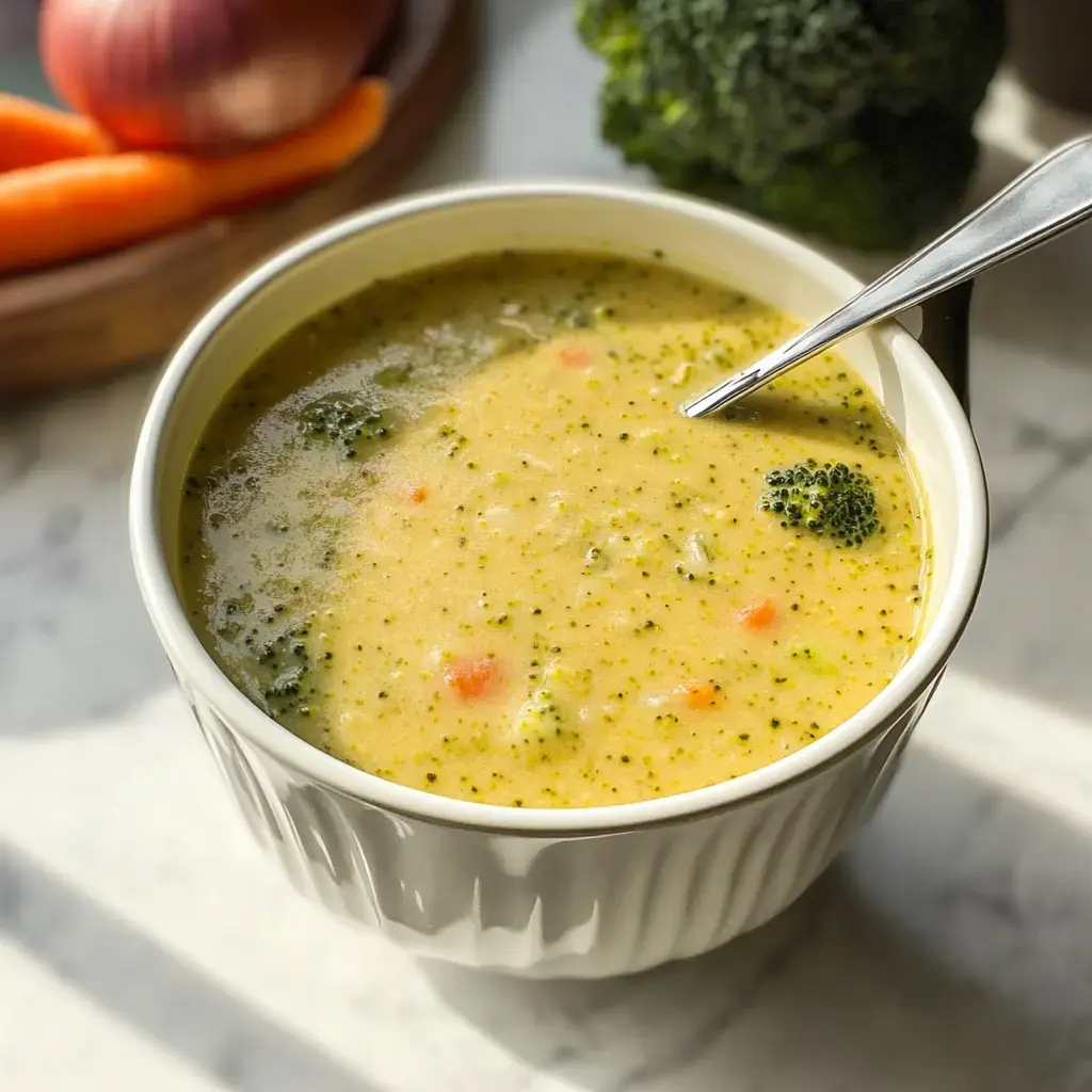 A creamy broccoli soup filled with pieces of broccoli and carrots in a white bowl, with a spoon resting on the rim, surrounded by fresh vegetables.