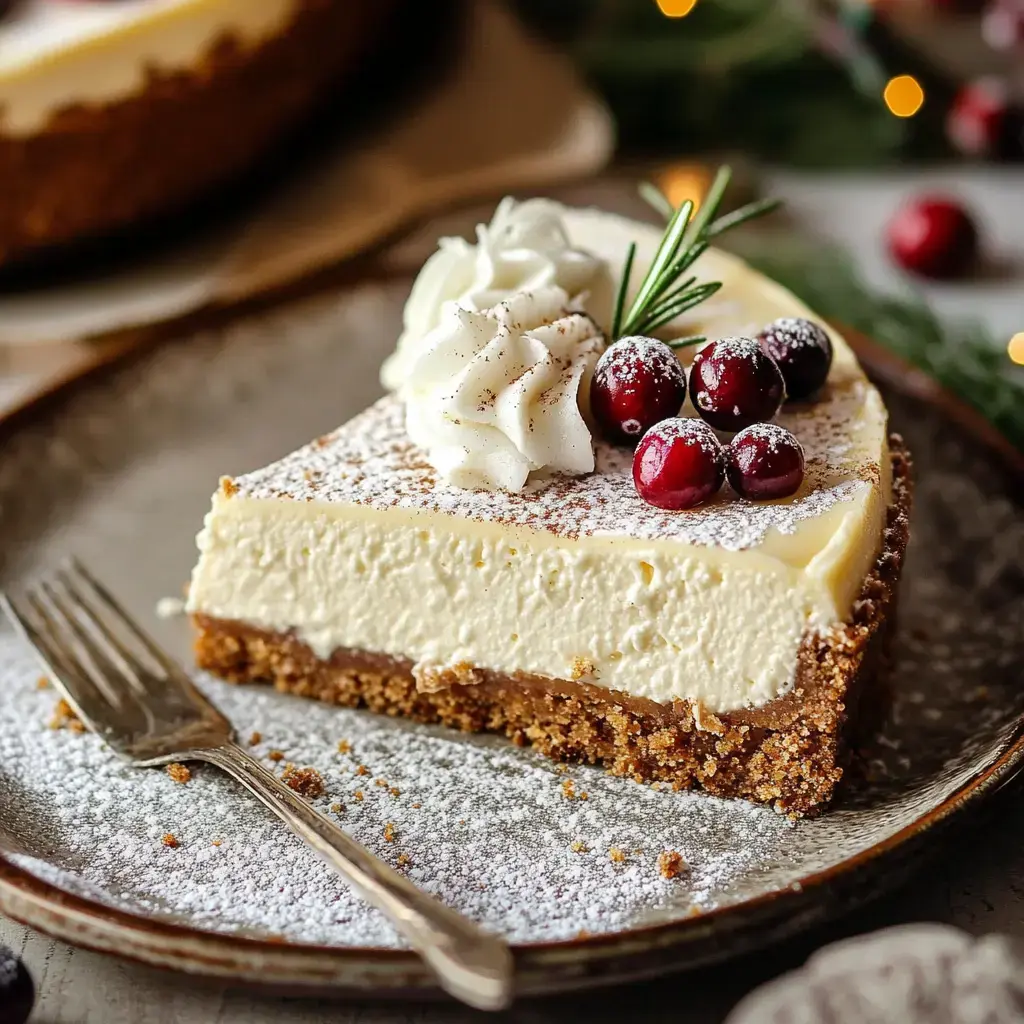 A slice of creamy cheesecake topped with whipped cream, cranberries, and a sprinkle of powdered sugar served on a decorative plate.