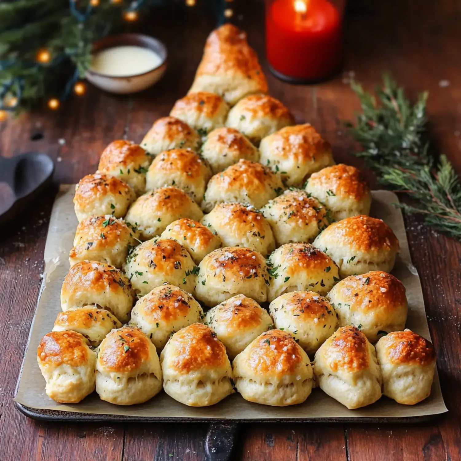 A tray of golden-brown rolls arranged in the shape of a Christmas tree, garnished with herbs and set against a festive background.