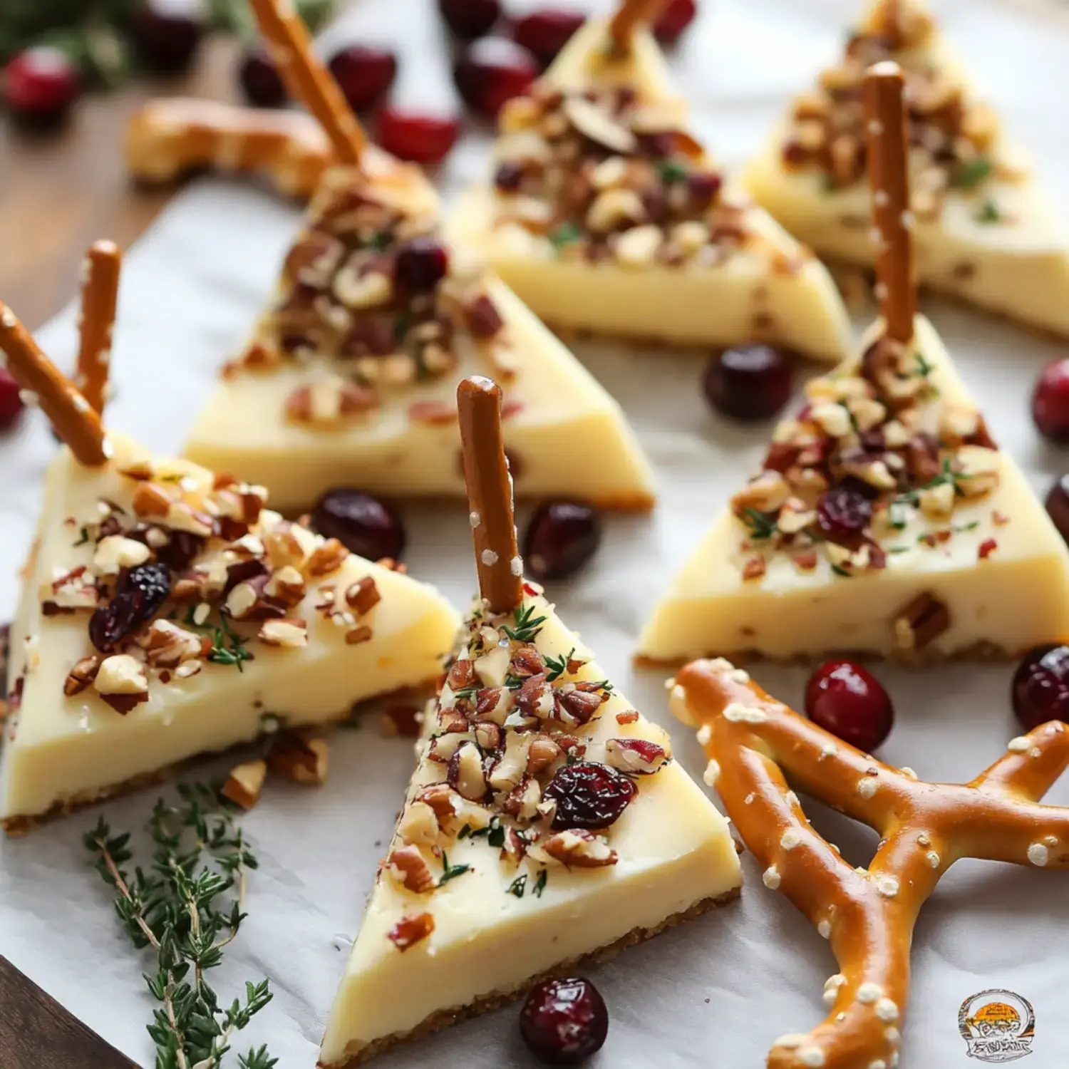 A festive dessert display featuring triangular pieces of cheesecake topped with nuts and cranberries, garnished with pretzel sticks, surrounded by fresh cranberries and herbs.