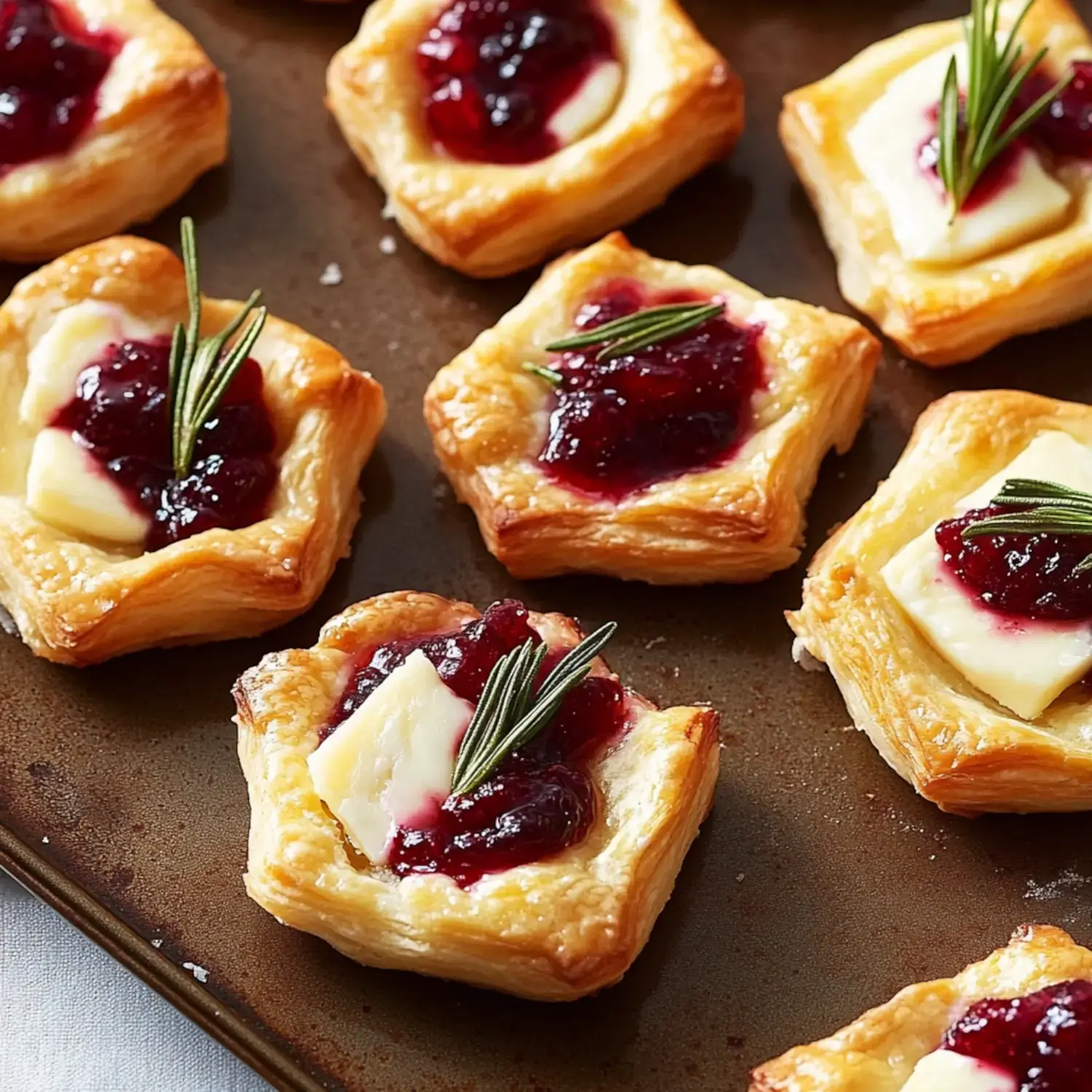 A tray of golden pastry squares topped with cream cheese, berry jam, and garnished with sprigs of rosemary.